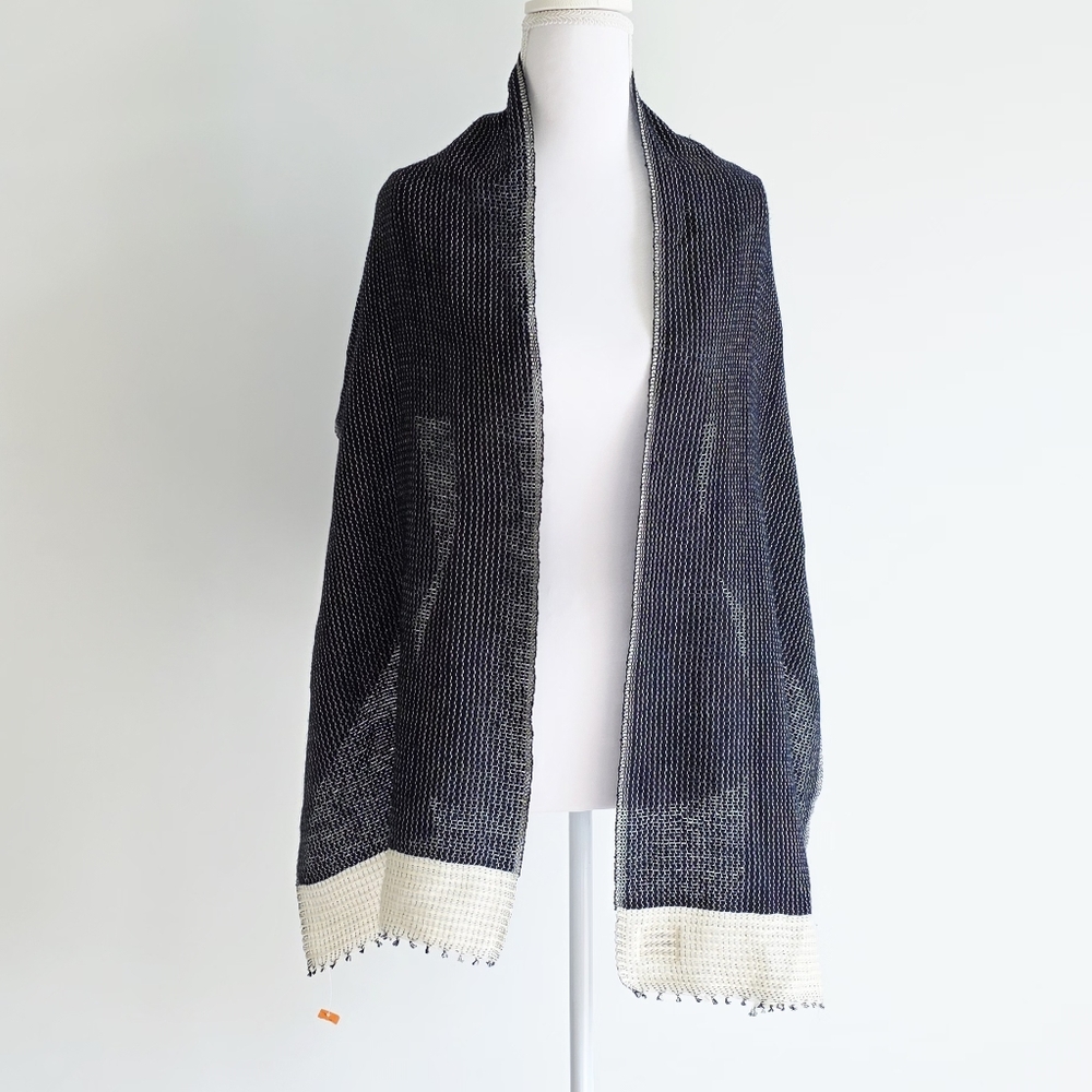 Kobo Oriza Japan Cream/Navy Knit Lightweight Rectangle Scarf Unisex